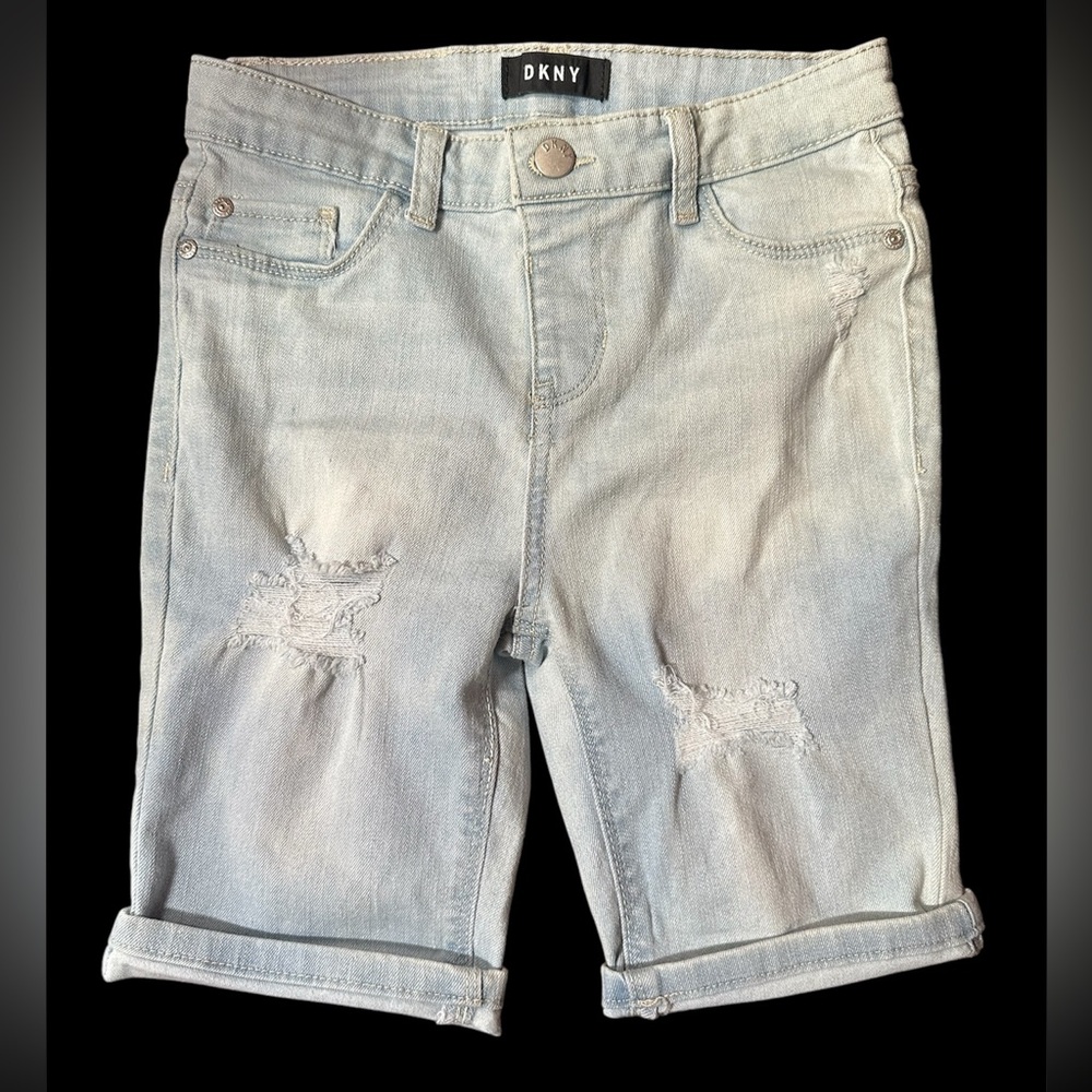 DKNY Blue Jean Shorts with Distressed Design
